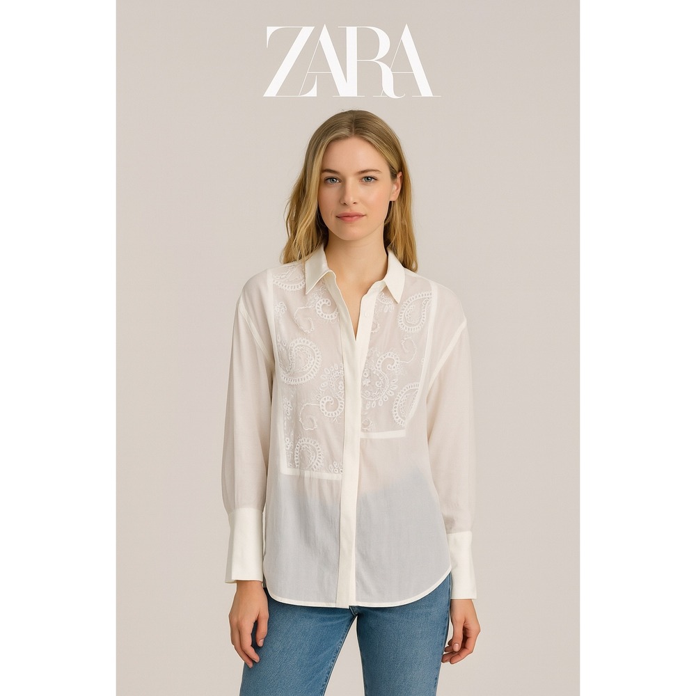 NEW Zara White Paisley Embroidered Sheer Lingerie‎ Long Sleeve Blouse Top S